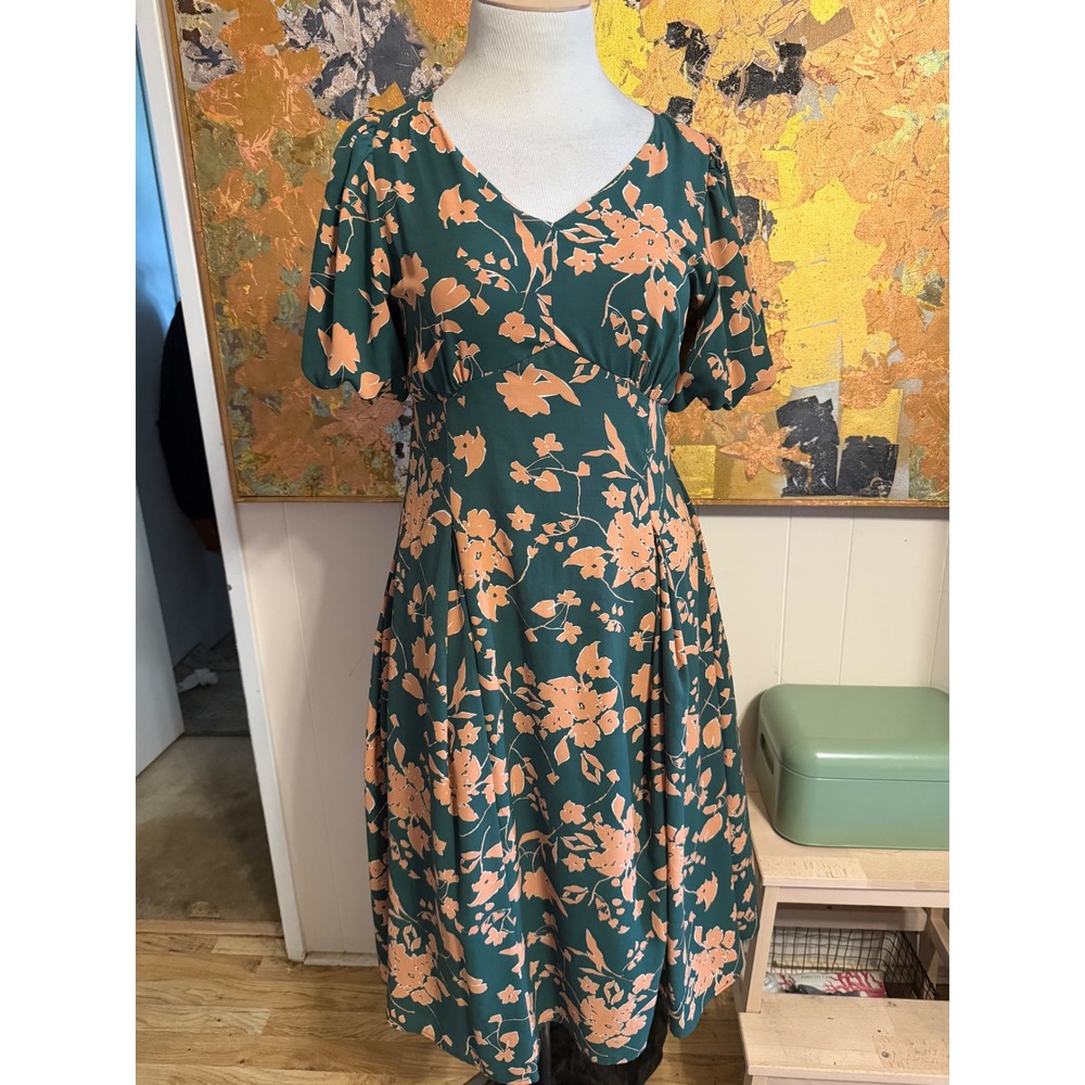 Polagram Green Floral Puff Sleeve Midi Dress V-Neck Empire Waist Large